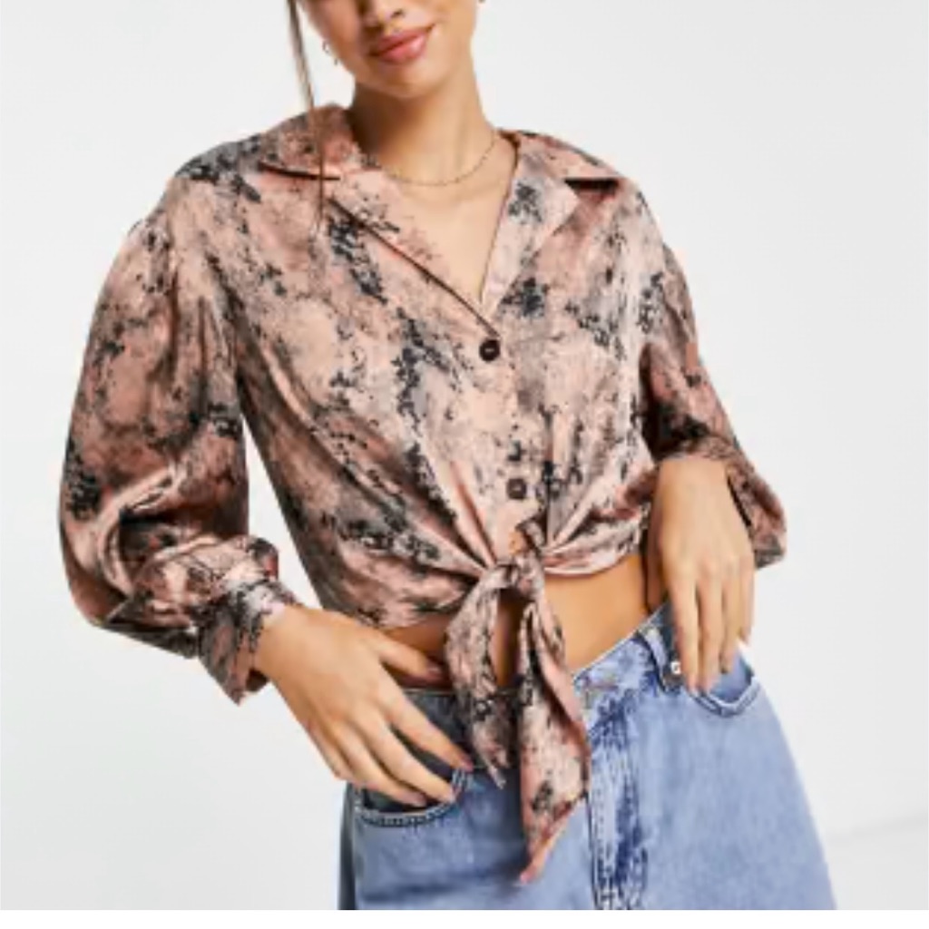 River Island Pink And Brown Puffy Sleeves Tie Front Blouse Satin-Like Sz 44